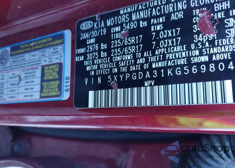 2019 Kia Sorento 2.4L Lx z USA, uszkodzony, nr VIN 5XYPGDA31KG569804